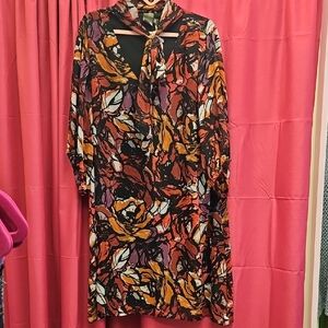 Abstract Leaf / Floral Print Dress with Neck Tie